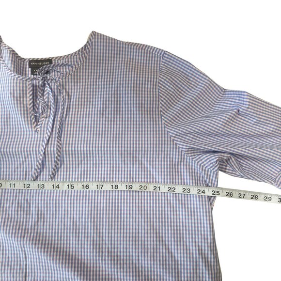 VAN HEUSEN Women SZ XXL Blue/Pink Gingham Print Basic Top Blouse Bell Sleeve - Picture 4 of 10